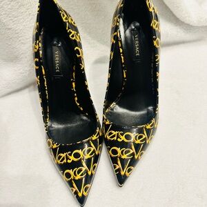 Versace Black and Gold Logo Heels